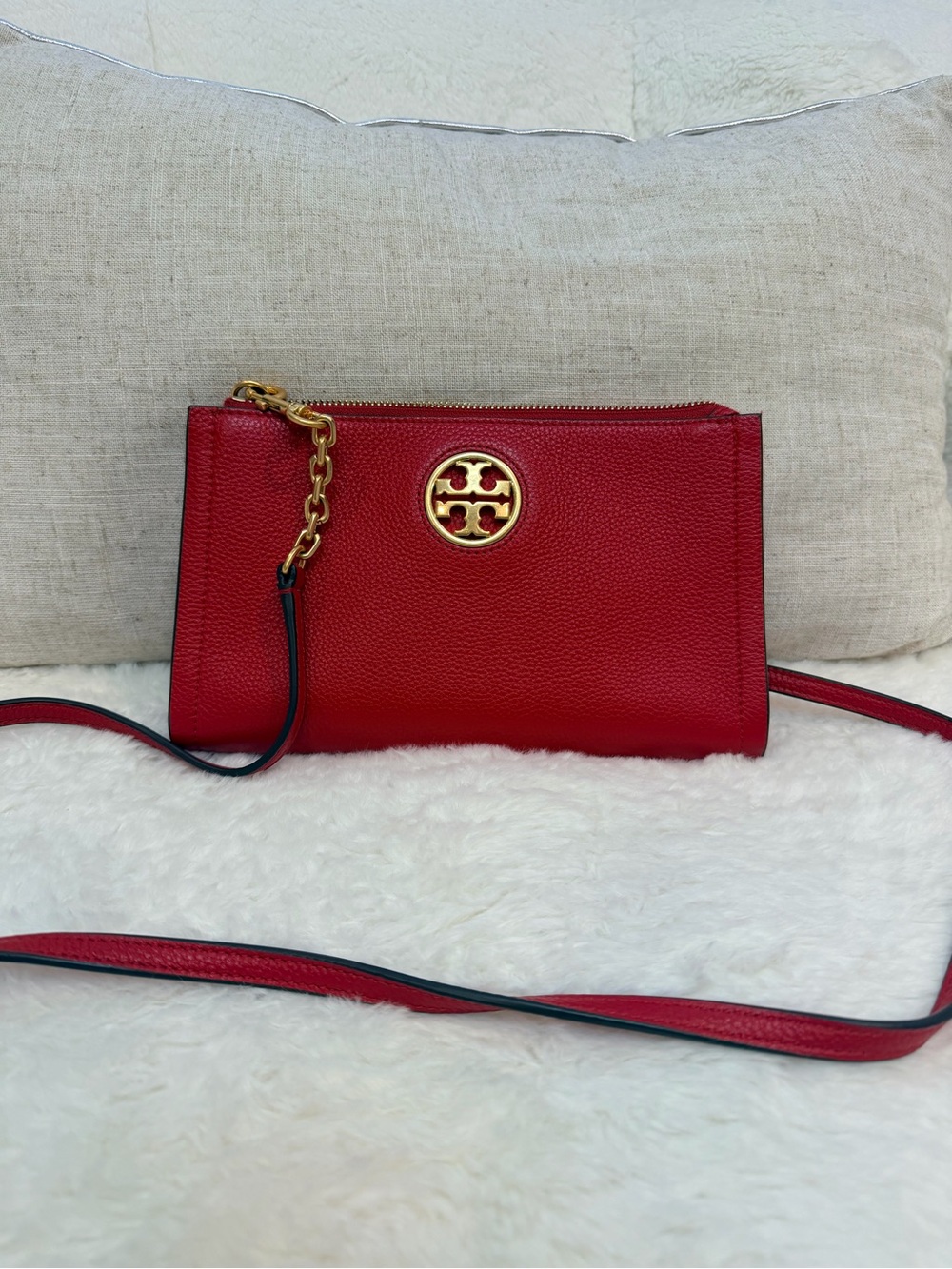 Tory Burch Red Pebbled Leather Crossbody with Gold Emblem